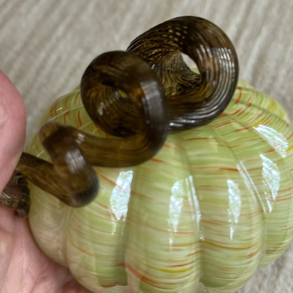 Hand Blown Art Glass Pumpkin Green Orange Flecks Twisted Reeded Clear Stem 5”x4”